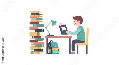 Child reading at desk with books and lamp in cozy flat style scene