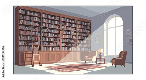 Cozy sunlit library with bookshelves and comfortable reading chairs