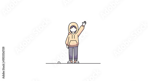 Casual minimalist style character in hoodie waving hand