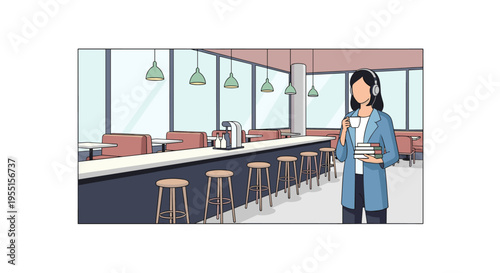 Modern cafe interior with woman holding coffee and books in