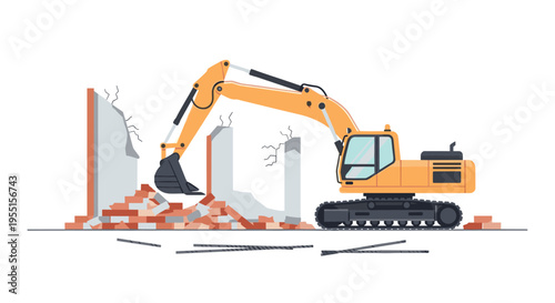 Excavator demolishing wall breaks through bricks in construction scene