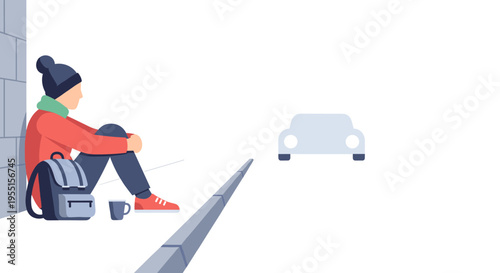 Minimalist winter scene with person sitting by the roadside