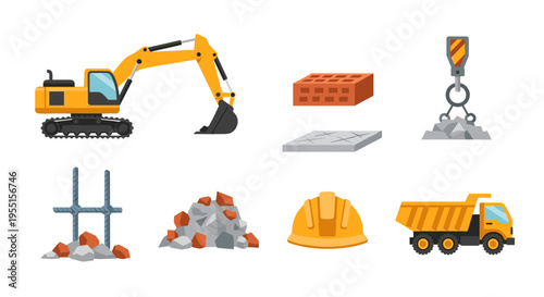 Construction equipment and materials: flat icons of machinery and
