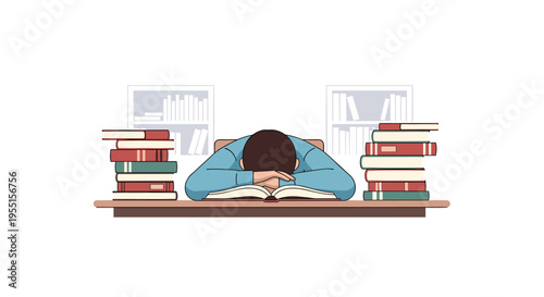 Tired student sleeping at desk surrounded by books in minimalist