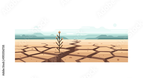 Barren landscape with cracked earth and lone plant under clear sky
