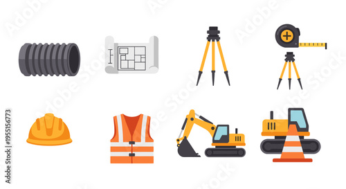 Construction equipment and tools flat design set for civil