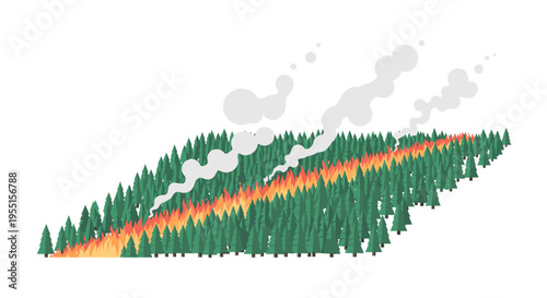 Isometric forest wildfire with smoke and flames in evergreen trees