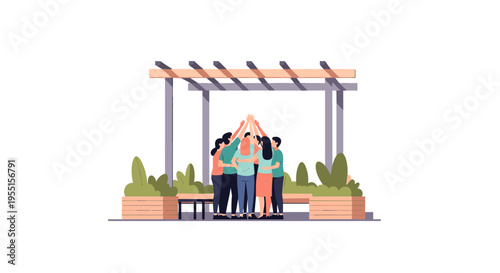 Team unity under pergola with raised hands in flat design