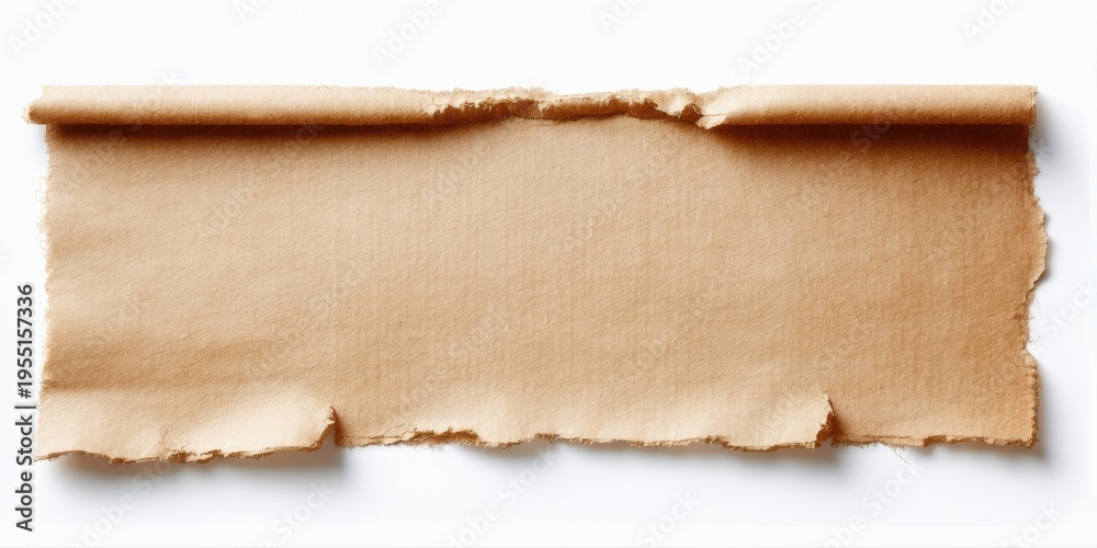 © antishock - Torn paper strip rests upon white surface. Rough edges suggest age, fragility. Simple texture dominates composition.