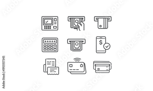 ATM and Digital Payment Outline Icon Set, Banking Transaction and Finance Line Icons Vector