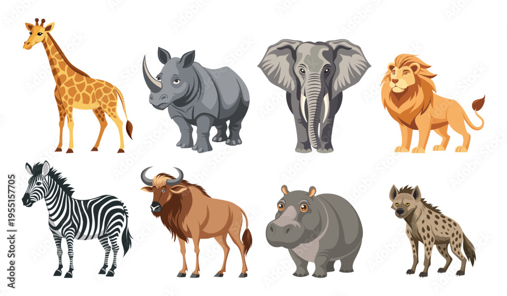Obraz premium African animal collection. Wildlife set. African giraffe, rhinoceros, elephant, hippopotamus, zebra, lion, hyena.