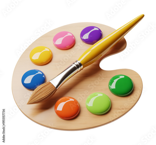 High Quality 3D Wooden Art Palette and Paintbrush Set with Realistic Glossy Oil Colors