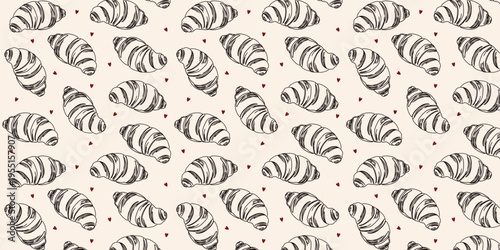 Croissant with red hearts seamless pattern. Paris and croissants repeated print, french bakery and pastry whimsical design for wallpapers, product packaging. Vector illustration