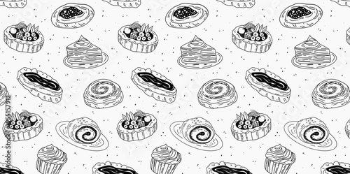 Bakery doodles seamless patterns. Hand drawn pastry print for wallpapers, wrapping papers, food packaging, backgrounds, textile, banners, product design. Vector illustration