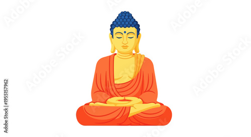 Meditating buddha in vibrant orange and blue robes
