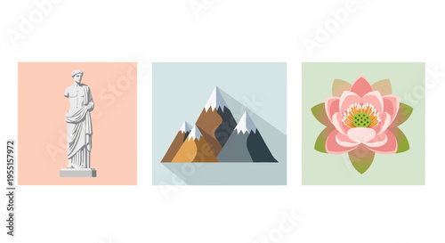 Classical sculpture mountain landscape and floral art in modern design