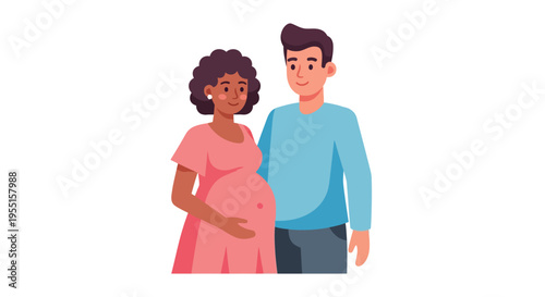 Expectant couple embracing in a warm flat illustration style