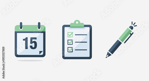 Flat calendar checklist and pen icons for task management