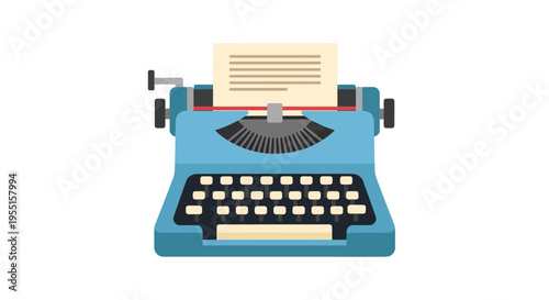 Retro blue typewriter with paper on white background