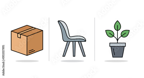 Minimalist set of box chair and plant icons for home and office design