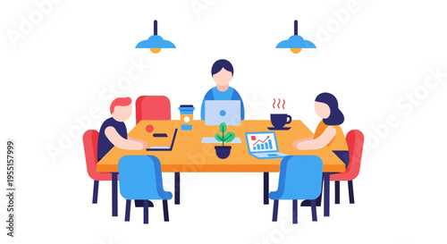 Office team collaborating around table with laptops and coffee in flat