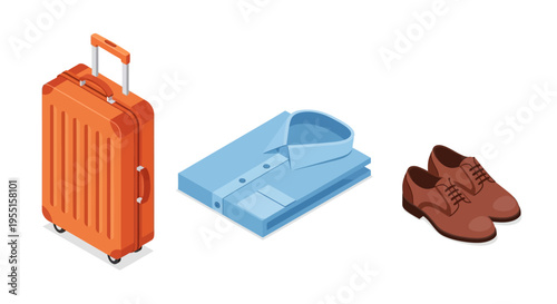 Isometric travel essentials: suitcase shirt and shoes for business tri