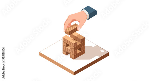 Hand building a wooden block tower in isometric style