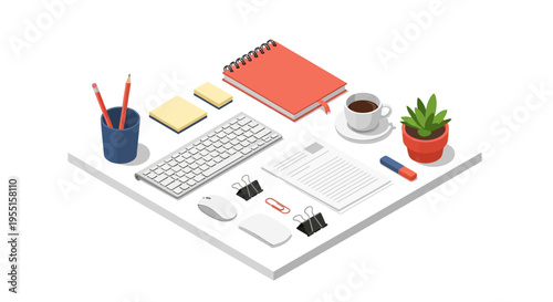 Isometric modern office desk with supplies and plant