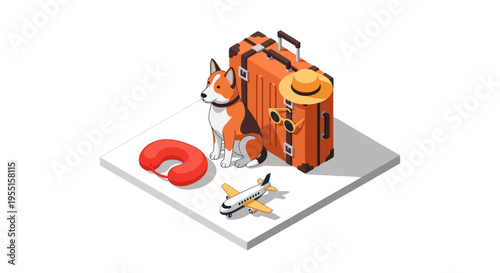 Isometric travel essentials with dog suitcase and plane on white backg