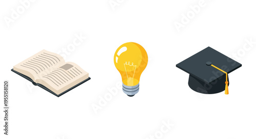 Isometric education icons: open book light bulb graduation cap on whit