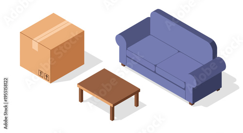 Isometric furniture design: box sofa and table in minimalist style