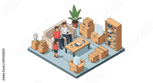 Modern family unpacking in stylish isometric living room scene