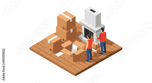 Moving day preparation scene in isometric style with cardboard boxes a