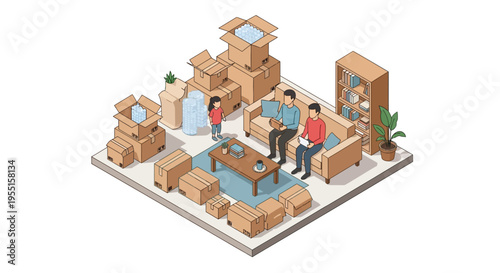 Family moving into new home with cardboard boxes in isometric living r