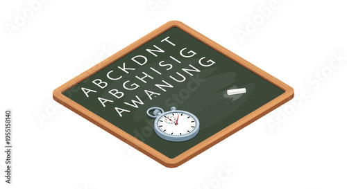 Vintage classroom chalkboard with stopwatch and eraser in isometric st