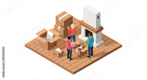 People moving boxes in new home with fireplace in isometric style