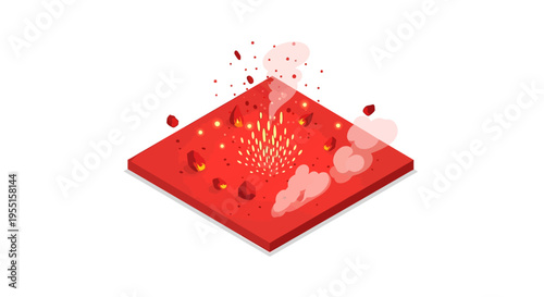Isometric lava explosion concept with fiery rocks