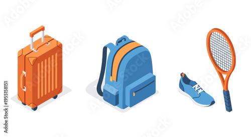 Isometric travel and sports gear: suitcase backpack shoe and tennis ra