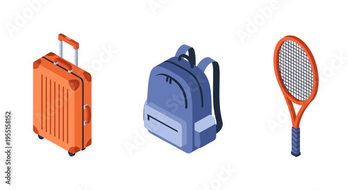 Travel and sports essentials: luggage backpack tennis racket in isomet