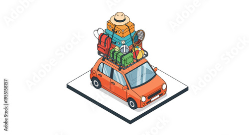 Isometric illustration of car loaded with luggage for a summer road tr