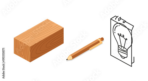 Creative process concept with isometric pencil wooden block and lightb