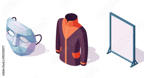 Isometric art: abstract mask stylish jacket and minimalist frame on cl