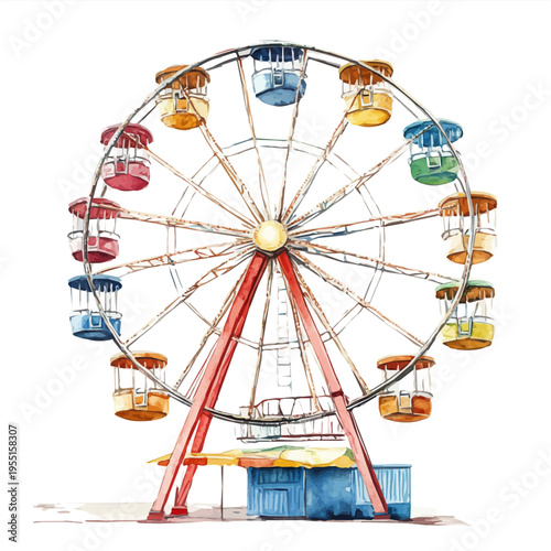 Summer Fair Ferris Wheel, serene watercolor vector artwork with smooth washes of color and refined textures, isolated on a white background.