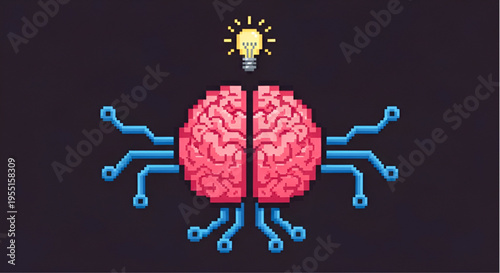 Artificial Intelligence Concept with Pixel Art Brain and Digital Circuits