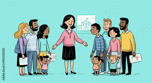 Teacher welcoming parents and children group, school community illustration