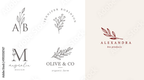 Minimalist vintage botanical logo set with initials monogram and floral line art elements