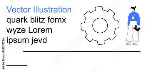 Business operations, automation, teamwork, workflow, tech expertise, efficiency. Abstract person with a gear symbol and text. Business and automation theme