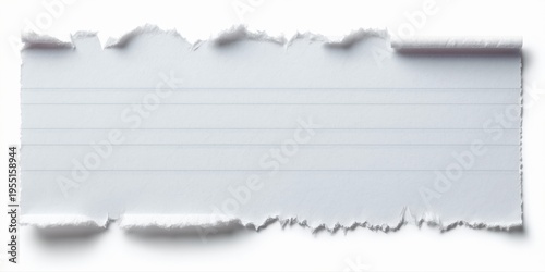 Ripped paper strip with horizontal lines. White background contrasts dark edges. Simple, clean presentation. Useful for notes, messages.