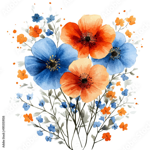 Spring Flowers, serene watercolor vector artwork with smooth washes of color and refined textures, isolated on a white background.