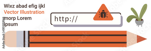 Cybersecurity, online safety, malware threats, digital awareness, website security, technology education. Warning triangle with bug icon over web address bar, pencil and plant. Cybersecurity